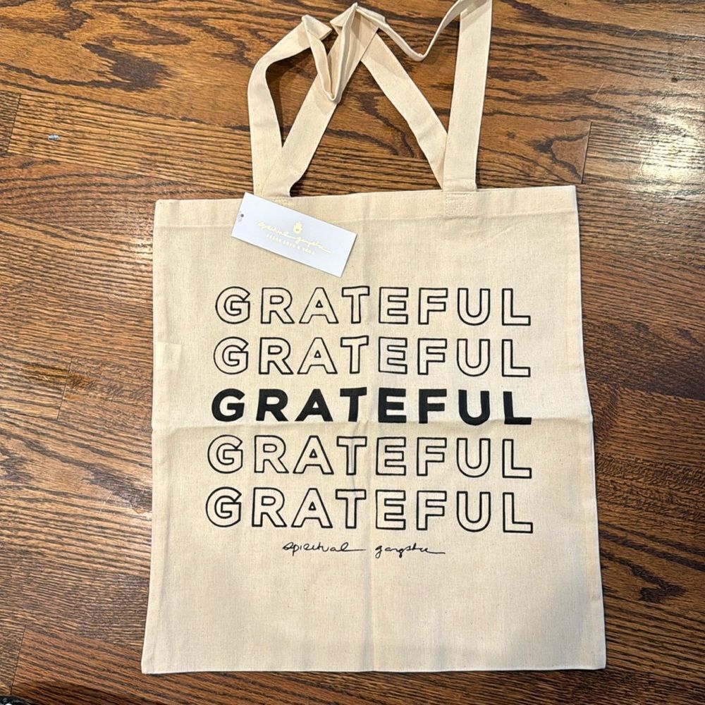 Spiritual Gangster ivory canvas “GRATEFUL” logo shopping bag/tote. New, with tag